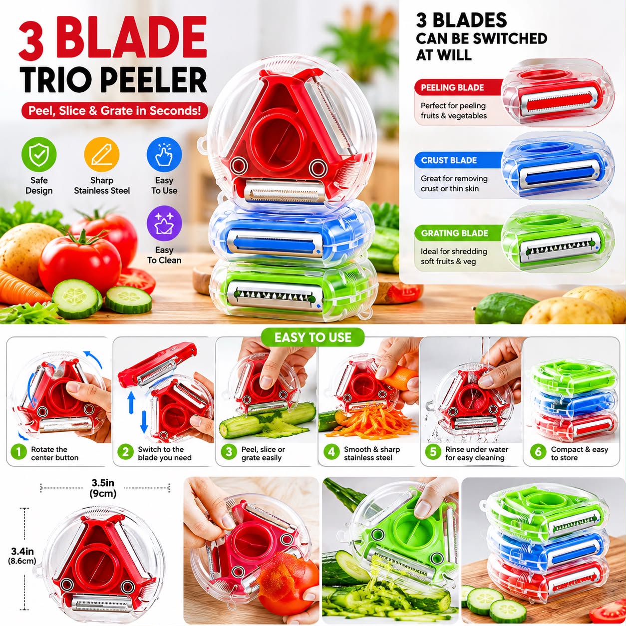 3-in-1 Rotating Trio Peeler – Peeler, Julienne, Grater