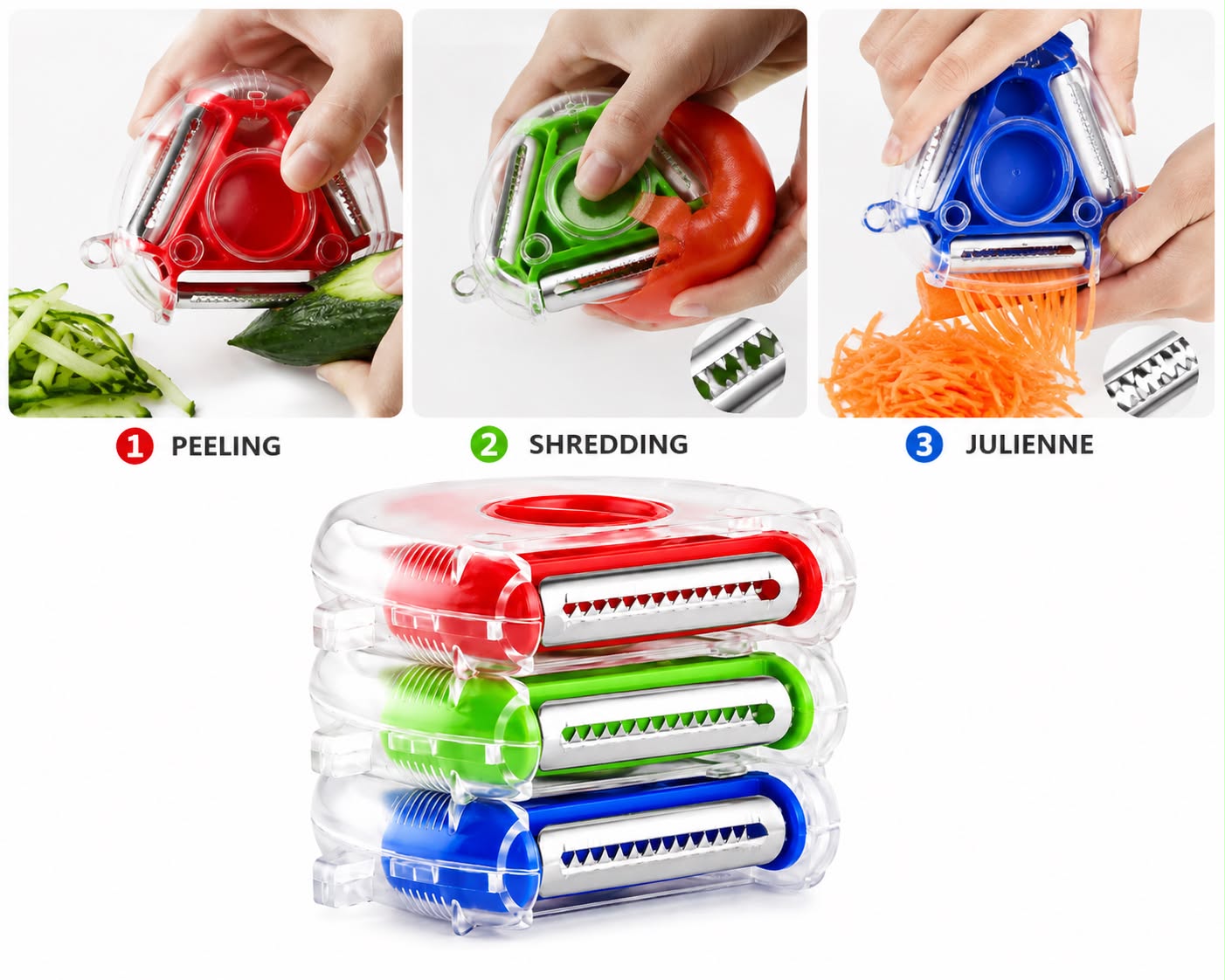 3-in-1 Rotating Trio Peeler – Peeler, Julienne, Grater