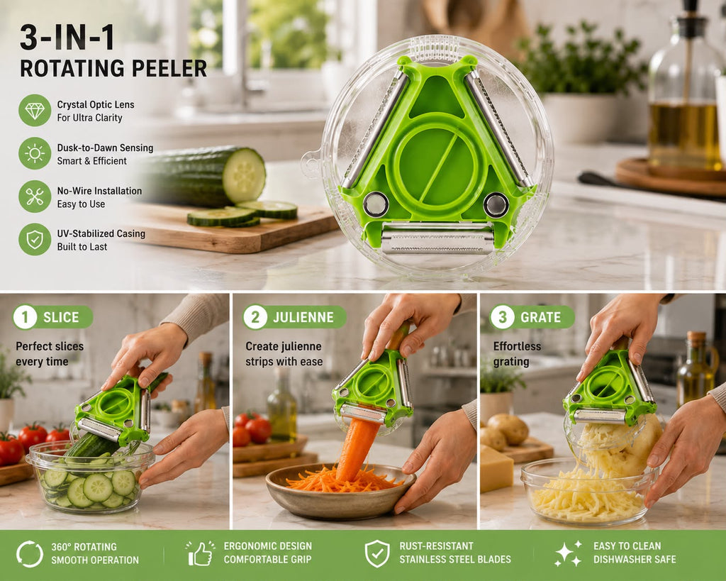 3-in-1 Rotating Trio Peeler – Peeler, Julienne, Grater