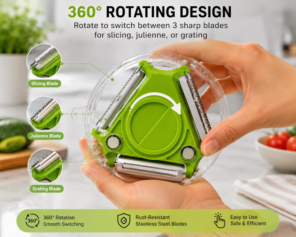 3-in-1 Rotating Trio Peeler – Peeler, Julienne, Grater