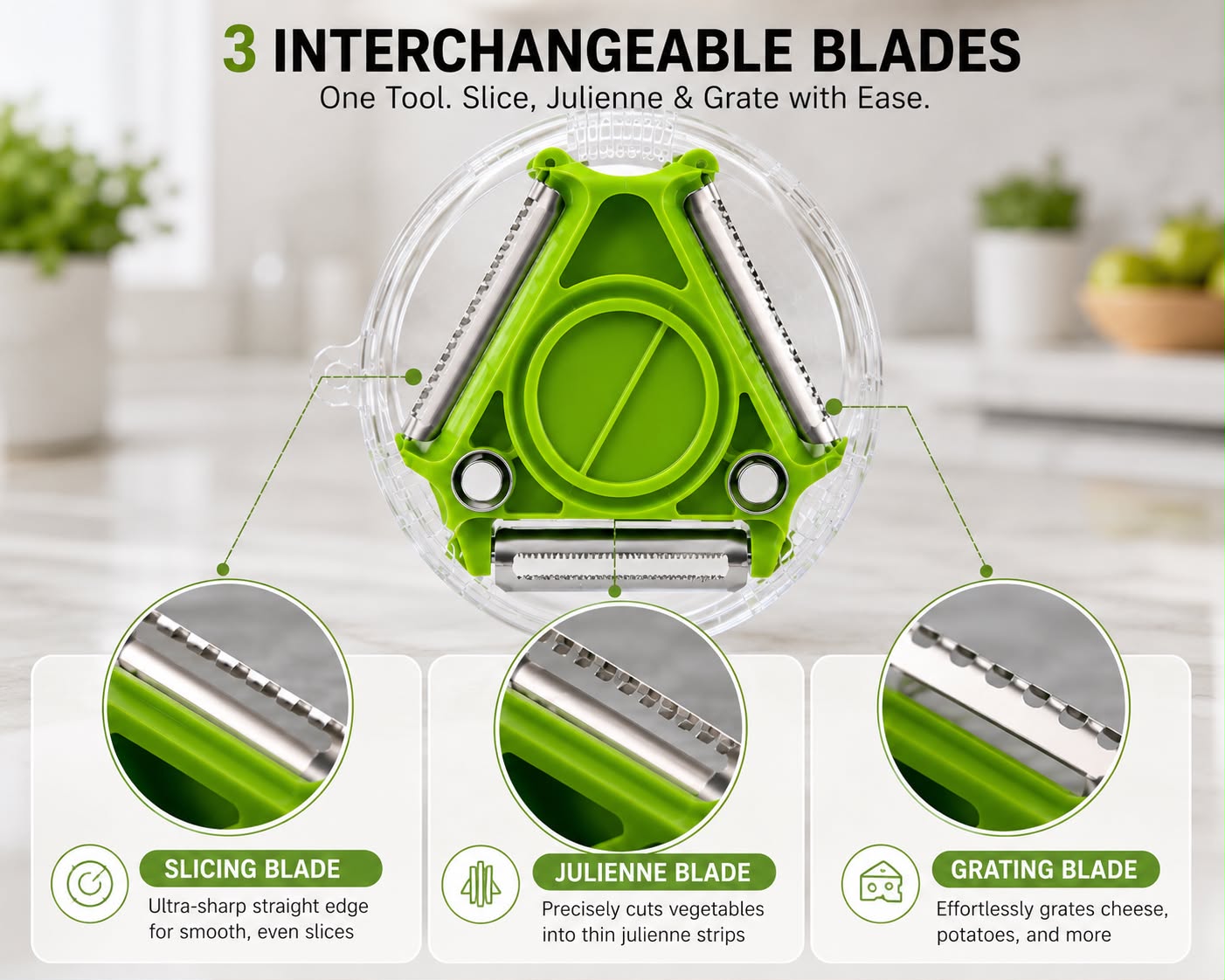 3-in-1 Rotating Trio Peeler – Peeler, Julienne, Grater