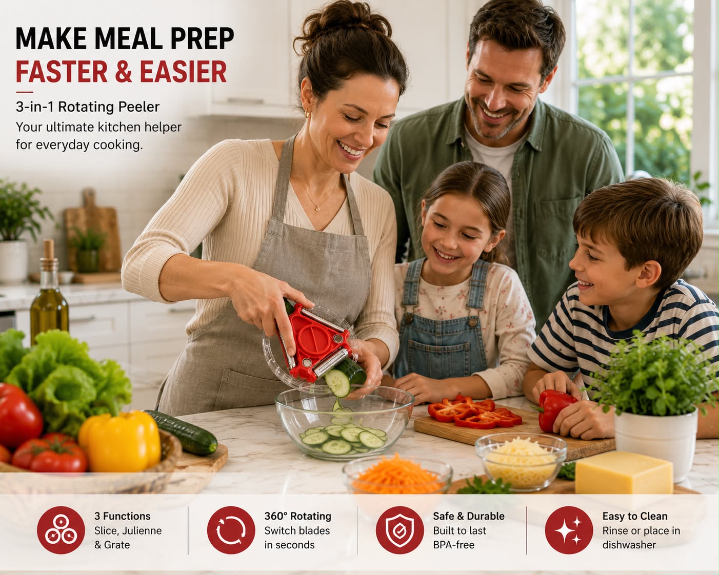 3-in-1 Rotating Trio Peeler – Peeler, Julienne, Grater