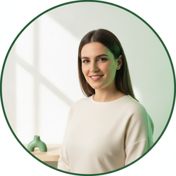 Portrait of Elena Rossi, an elegant woman in her late 20s, smiling at the camera against a clean white and forest green backg