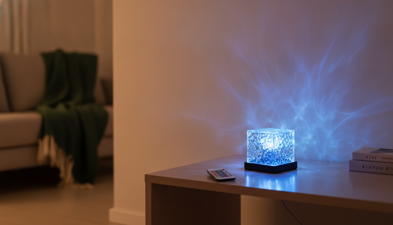 Crystal Water Ripple LED Lamp casting flowing light on a cream wall in a modern living room at dusk, with a forest green thro