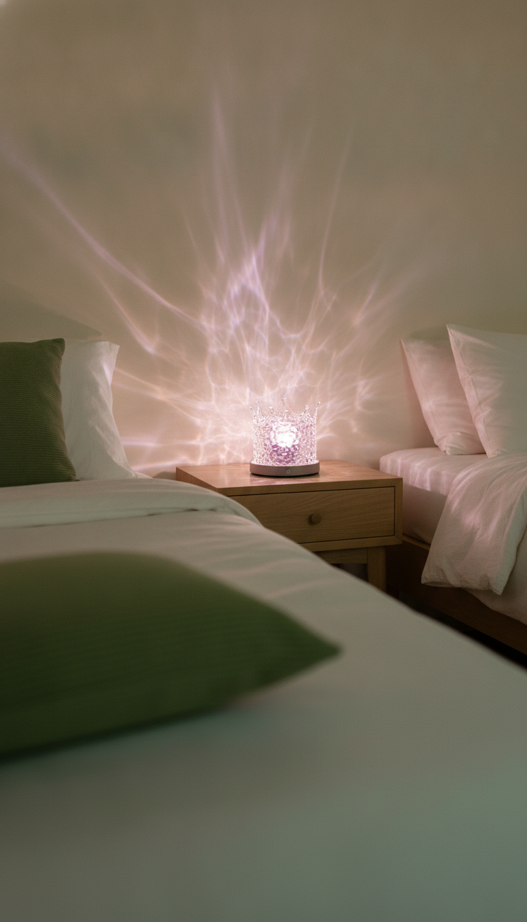 Crystal Water Ripple LED Lamp casting a soft, flowing light on a warm cream wall in a cozy bedroom at dusk.