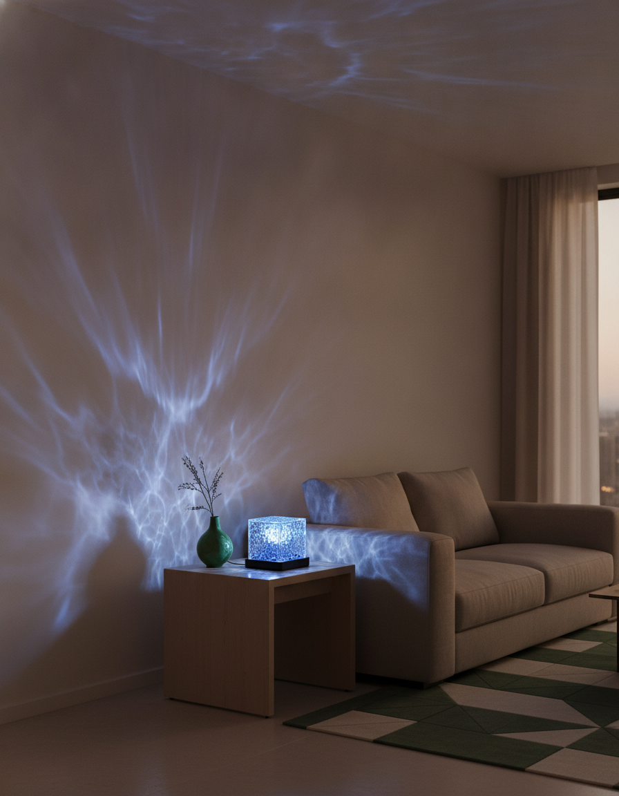 Crystal Water Ripple 16-Color LED Lamp projecting flowing light patterns on a warm cream wall in a modern living room at dusk