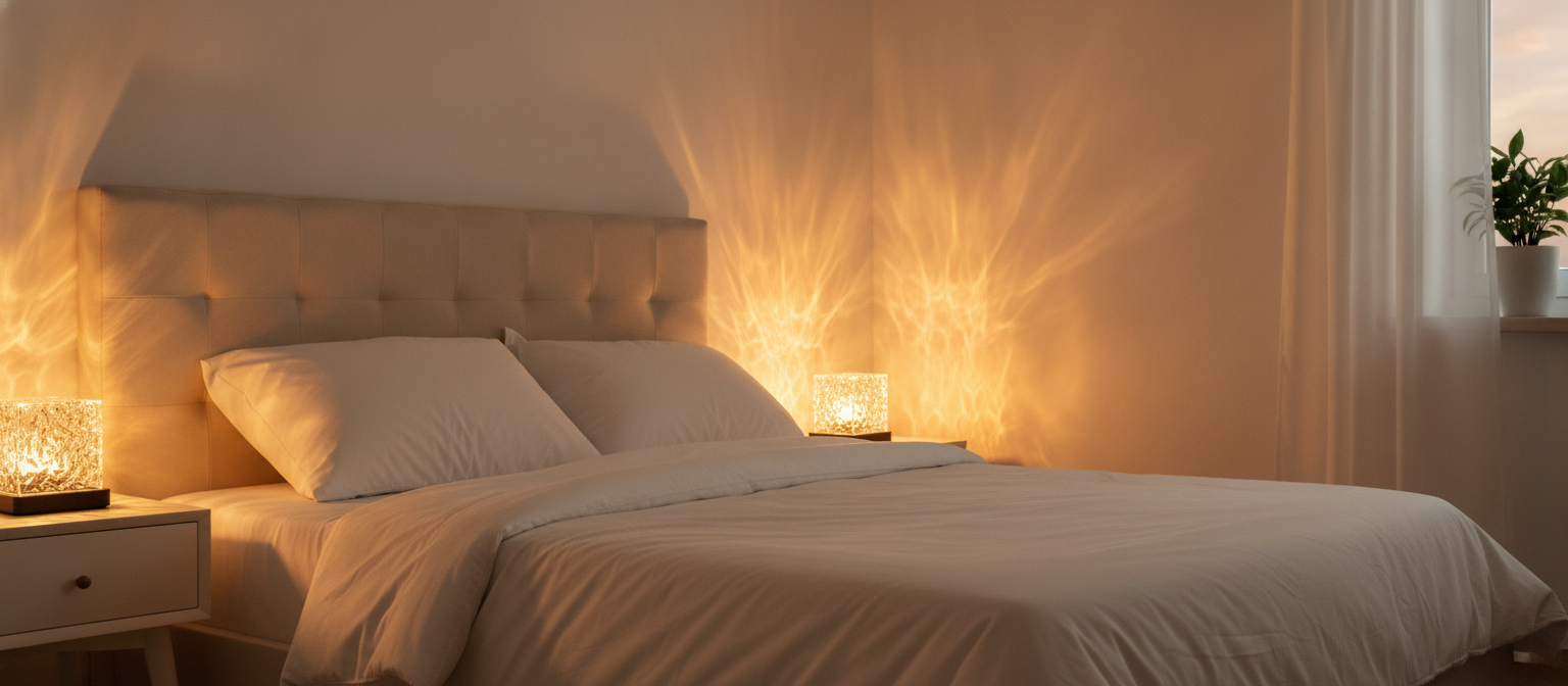 A Crystal Water Ripple 16-Color LED Lamp illuminates a tranquil bedroom wall with soft, flowing light at dusk.
