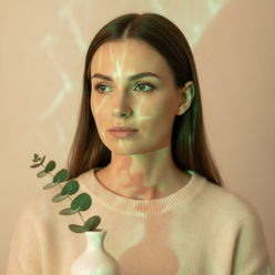 Portrait of Anya Petrov, a woman with a thoughtful expression, lit by a soft, rippling green light against a cream background